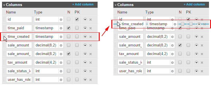 Find the column you want to move, click on its selector and drag it to the desired place
