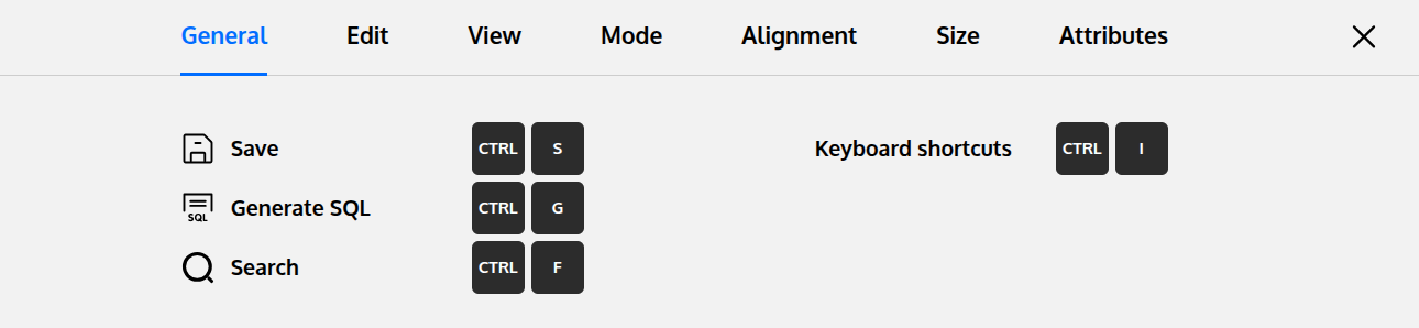 Press Ctrl + I to get the list of keyboard shortcuts in Vertabelo