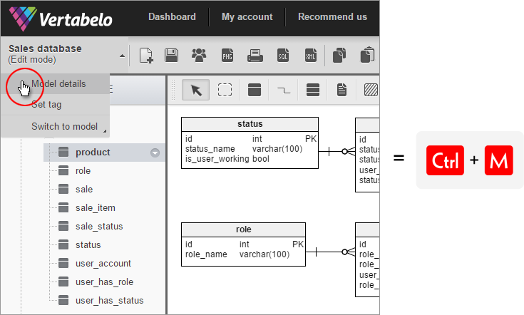 Press Ctrl + M to switch from diagram to 'Model details'