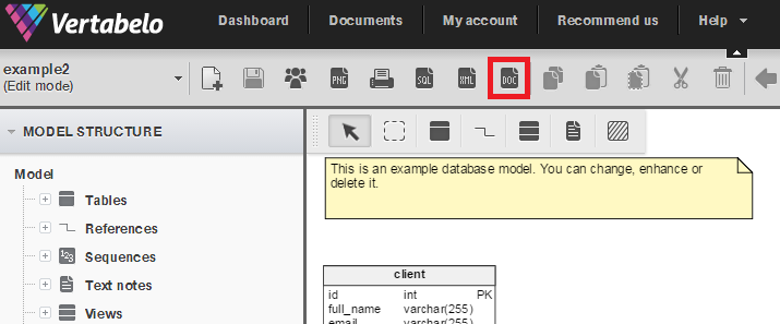 Vertabelo’s Automatic Documentation Generator - the new DOC button in the main toolbar