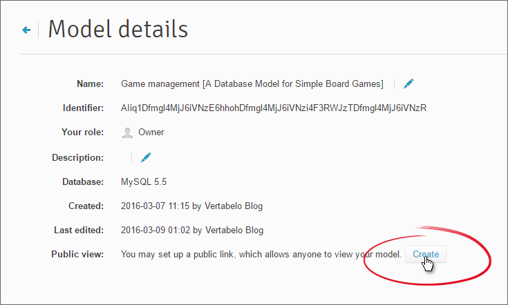 In ‘Model details’, click the ‘Create’button in the ‘Public view’ section