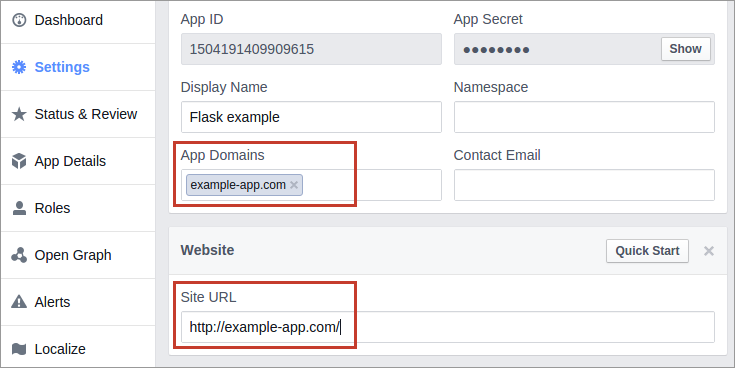 Get app client id and client secret from the application settings in facebook for developers site