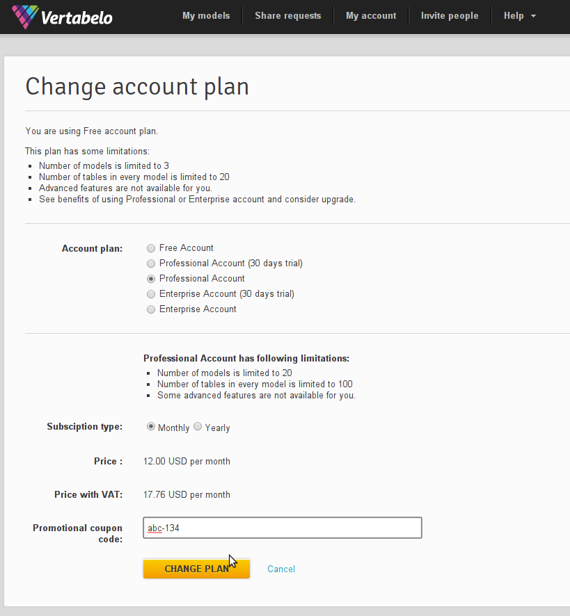 Change account plan screen