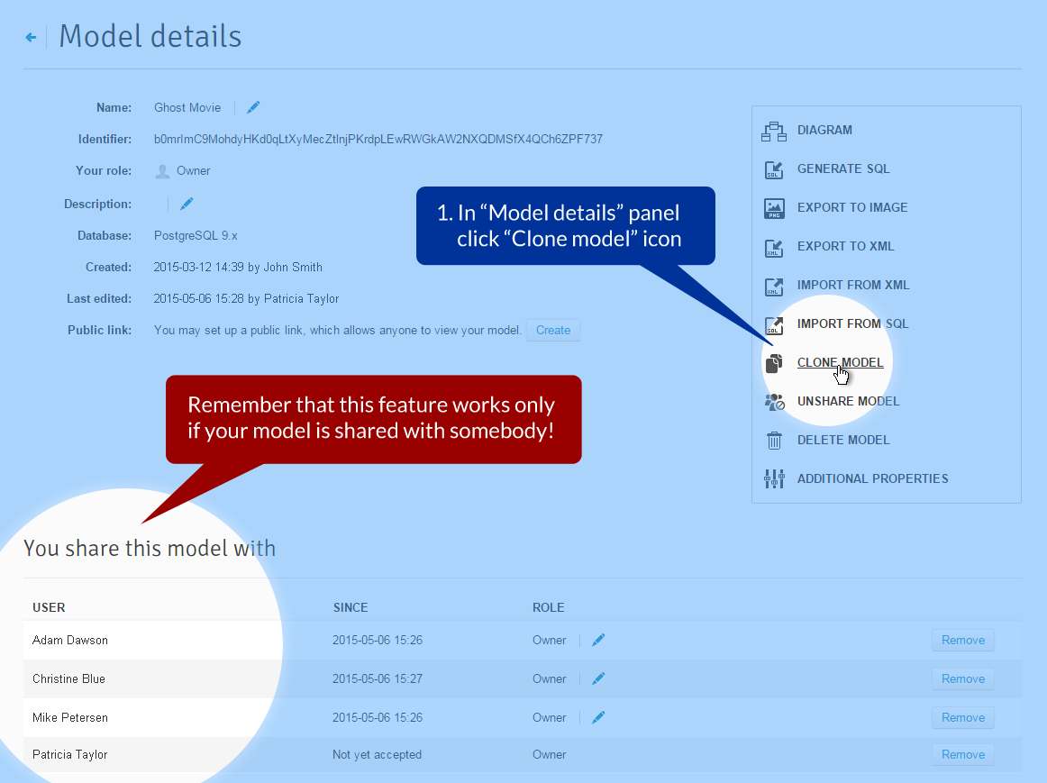 Now, you can set up sharing options when cloning your model