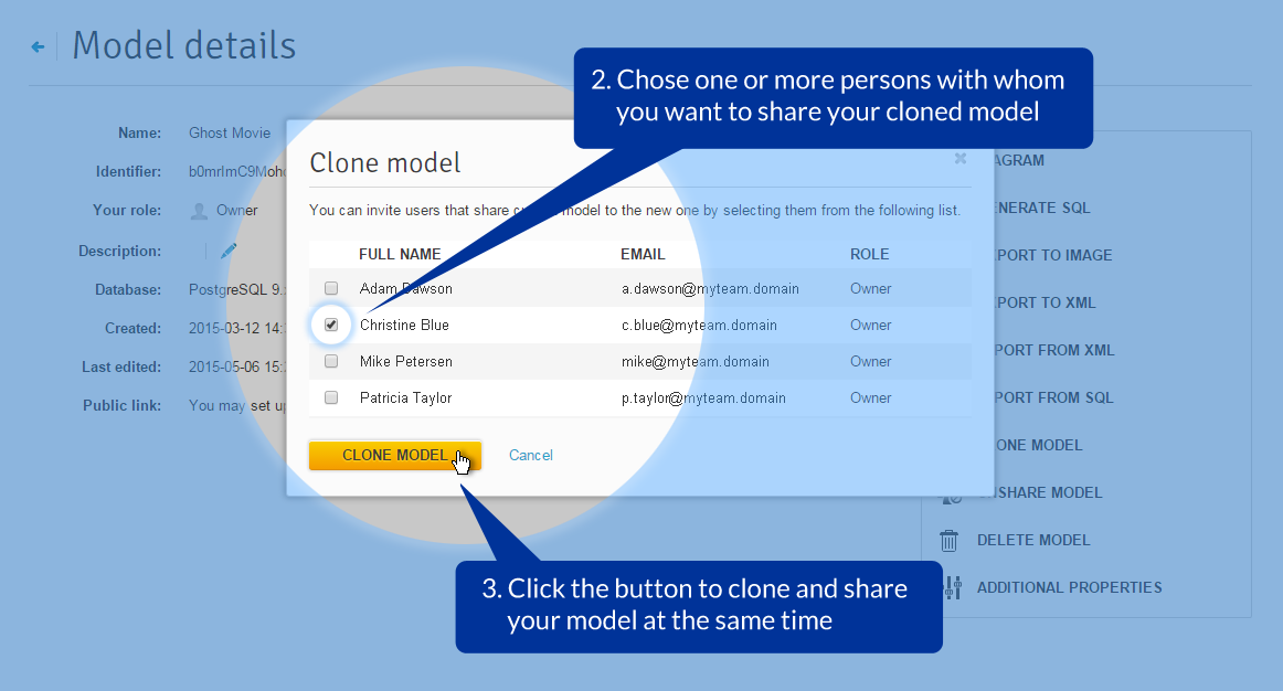 Now, you can set up sharing options when cloning your model