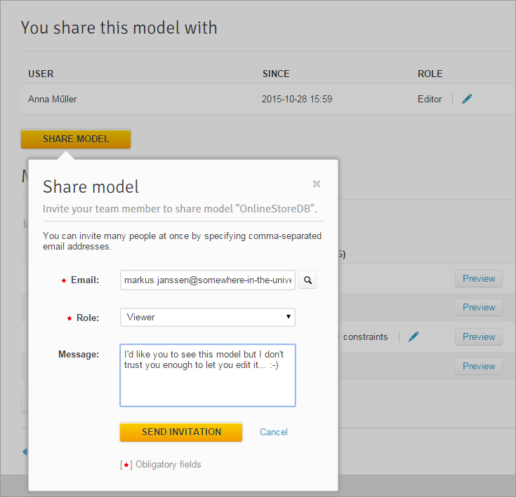 While sharing a database models with your colleagues, you can set roles and leave messages