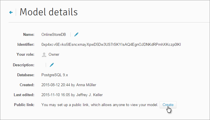 In Vertabelo, you can create a public link to let others preview your database model