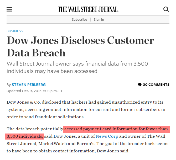 Data breach news in the Wall Street Journal