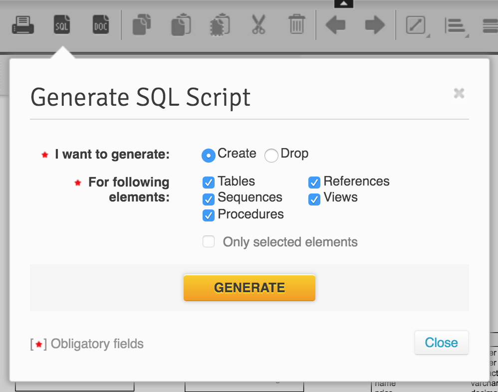 Generate SQL Scrips pop-up with the GENERATE button